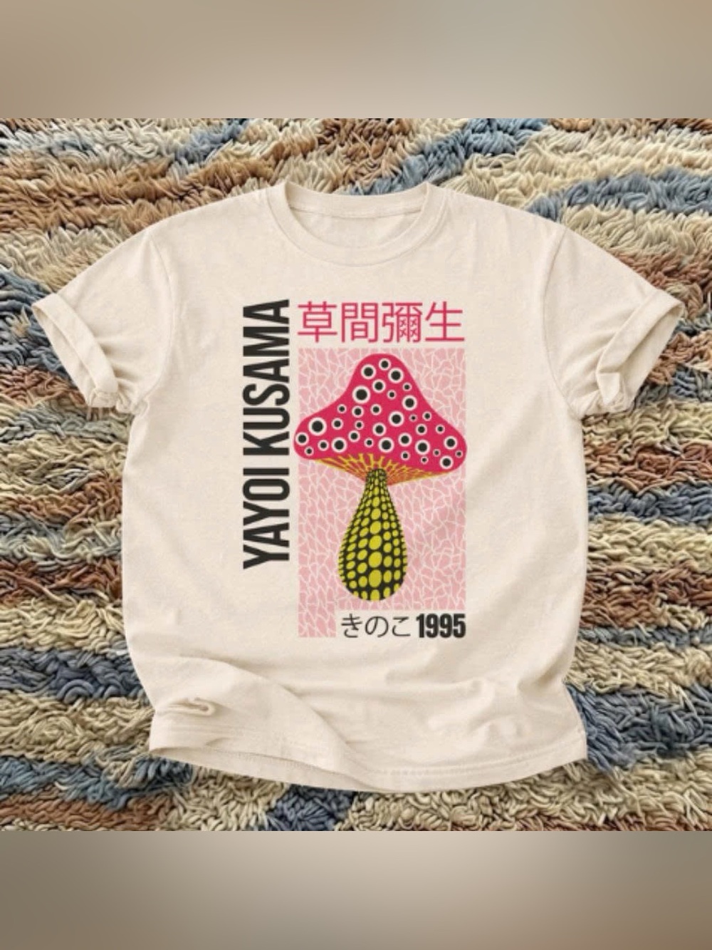Cream Tee with Pink & Yellow Mushroom Graphic by Yayoi Kusama